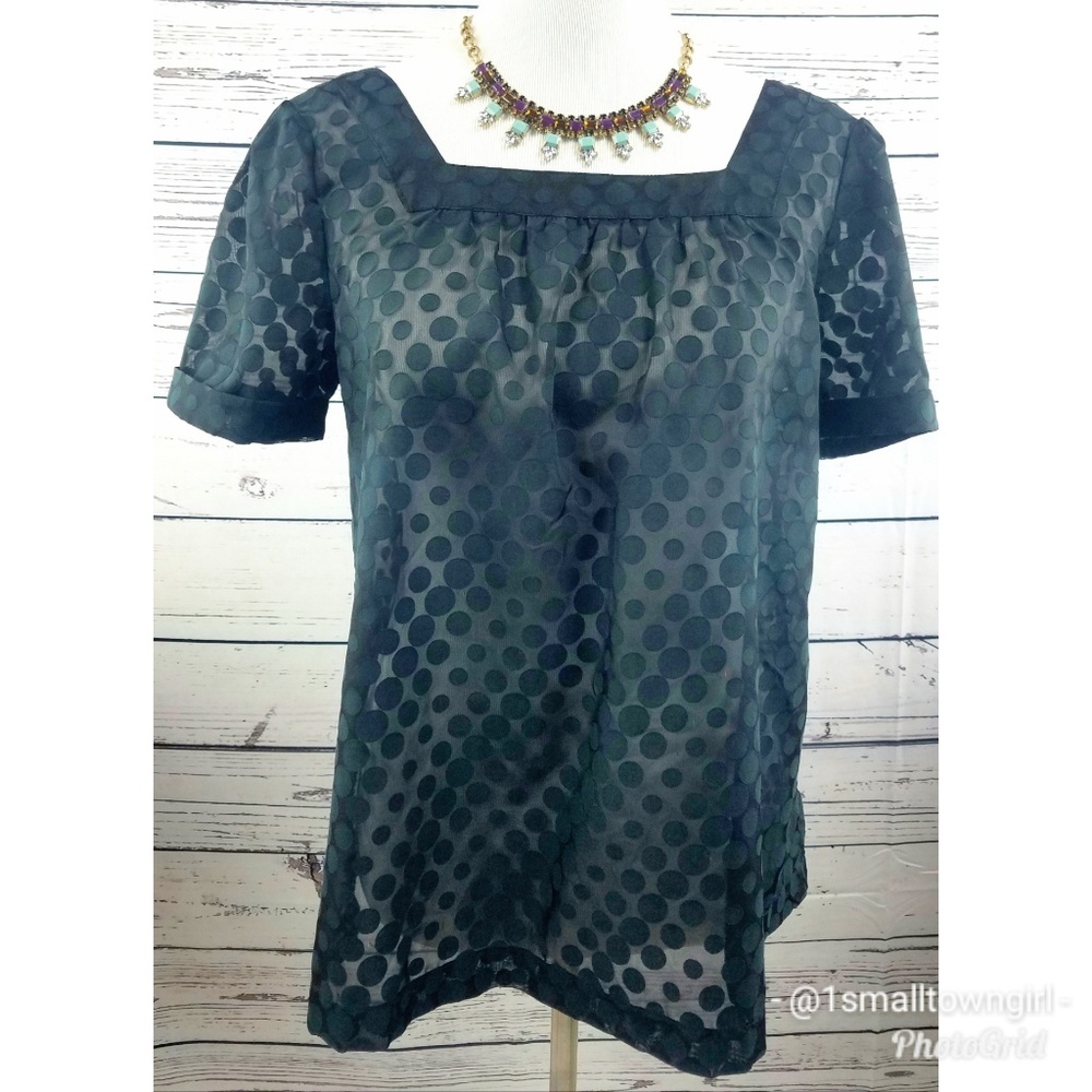 Sheer black polka dot blouse button up back S